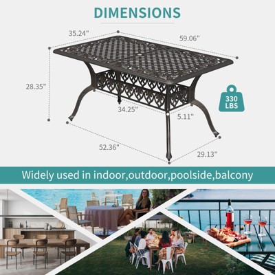 Dimensions and weight illustration for the 59 x 35 outdoor dining table