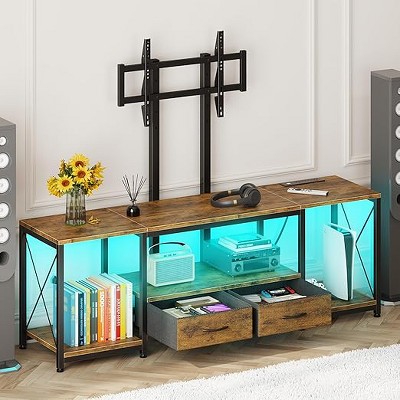 Gericco LED TV Stand with 6 Fabric Drawers and Power Outlet for 55 60 65 Inch TVs, Entertainment Center with Open Storage Shelves- 47" Rustic Brown