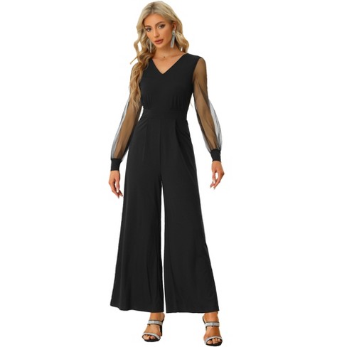 New Elegant Women's Jumpsuits Solid Color High Collar Long Sleeves Backless  Wide Leg Rompers Women Casual Overall Long Pants