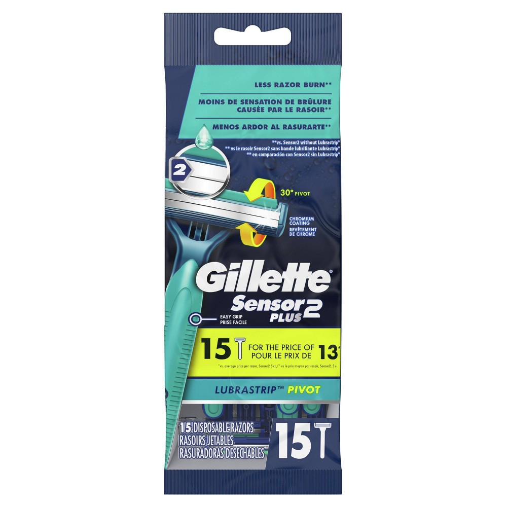 Gillette Sensor2 Plus Pivoting Head Men's Disposable Razors, 15 Count