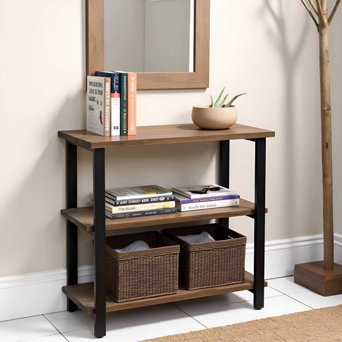 31" Pomona 2 Shelf Bookshelf Metal and Solid Wood Natural - Alaterre Furniture - thumbnail 7
