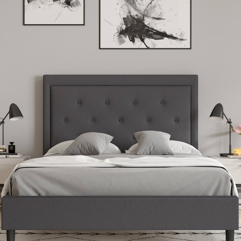 Full Tufted Upholstered Platform Bed, Dark Gray Upholstered Headboard