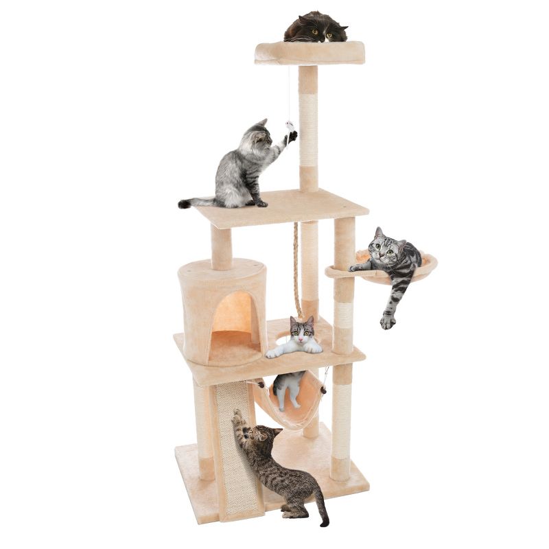 4-Tier Indoor Cat Tower - Deluxe 6-Post Scratcher with Board, Napping Perches, Sleeping Condo, Hammocks, and Hanging Toys for Cats by PETMAKER (Beige), 1 of 8