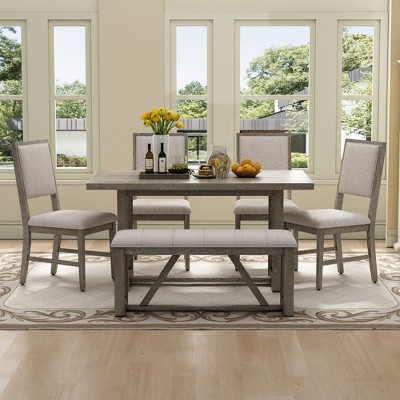 Whisen 6-Piece Retro Dining Set with 4 Upholstered Chairs and 1 Bench
