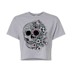 Women's - Instant Message - Half Skull Half Flowers Cropped Graphic T-Shirt - 1 of 4