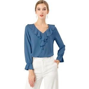 INSPIRE CHIC Women's Office Work Ruffle V Neck Long Sleeve Chiffon Peasant Blouse - 1 of 4