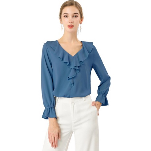 INSPIRE CHIC Women's Office Work Ruffle V Neck Long Sleeve Chiffon Peasant Blouse - image 1 of 4