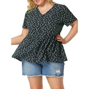 Agnes Orinda Women's Plus Size V Neck Ruffle Hem Short Sleeve Cinched Waist Floral Peplum Blouses - 1 of 4