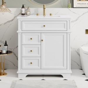 Christopher Knight Home Alonzo Modern 30" Bathroom Vanity with Ceramic Sink, One Shelf and Four Drawers - 1 of 4