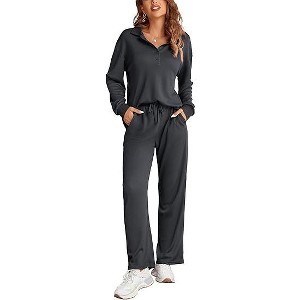 Ekouaer Womens 2 Piece Matching Lounge Sets Fall Outfits 2025 Sweatsuit Waffle Knit Pajamas Sets Long Sleeve Sweater Clothes - 1 of 4