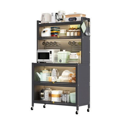 LIVAREEmlen 64" Kitchen Storage Baker's Racks with Wheels,Transparent Flap Door& DIY Hole Board,for Kitchen, Living Room and Dining Room,Gray