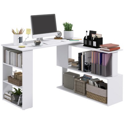NicBex 47.25 Inch L-Shaped 360 Degree Rotating Home Office Desk with Open Shelves,White/Black/Brown