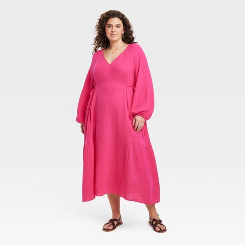 Women's Balloon Long Sleeve Midi A-line Dress - Universal Thread™ Pink 4x :  Target