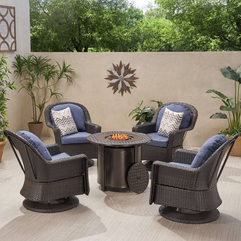 Liam 5pc Outdoor 4 Seater Wicker Swivel Chair &#38; Fire Pit Set - Dark Brown/Navy/Hammered Bronze - Christopher Knight Home, 3 of 16