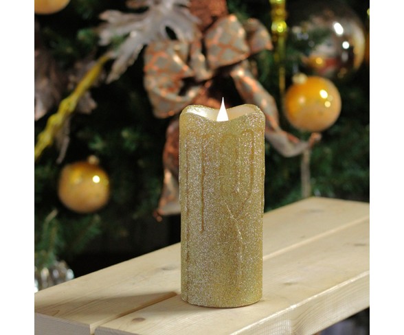 Melrose 7" Glittered Flameless LED Lighted Christmas Pillar Candle with Moving Flame - Gold