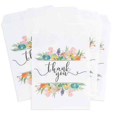 Juvale 100 Pack Floral Thank You Small Paper Treat Bags, Cookie Sleeve Party Favors, Candy Buffet, 5x7.5 in