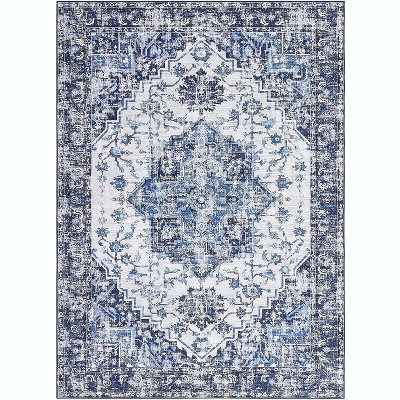 Washable Area Rug for Bedroom Large Living Room Soft Rug, Non Slip Medallion Oriental Floor Carpet, Low Pile Indoor Vintage Distressed Rug