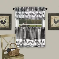 Kate Aurora Country Farmhouse Barnyard Plaid Rooster Kitchen Curtain Tier & Valance Set - 58 in. W x 36 in. L, Black