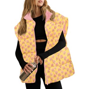 Imily Bela Womens Floral Quilted Puffer Coat Winter Warm Oversized Vest Cap Sleeve - 1 of 4