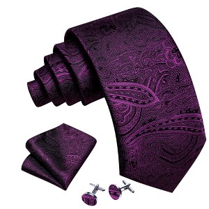 Men's Dark Purple Paisley 100% Silk Neck Tie With Matching Hanky And Cufflinks Set - 1 of 3
