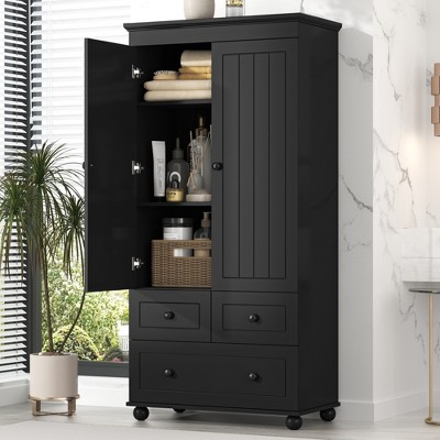 Whisen Tall Bathroom Floor Storage Cabinet, Freestanding Cabinet with Double Doors and Three Drawers