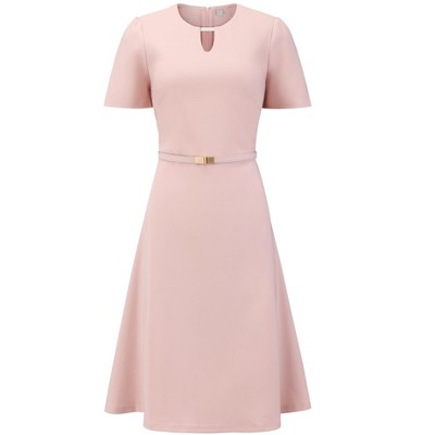 INSPIRE CHIC Women's Elegant A-Line Choker V Neck Belted Wear to Work Fit and Flare Dress