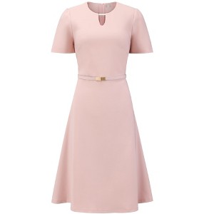INSPIRE CHIC Women's Elegant A-Line Choker V Neck Belted Wear to Work Fit and Flare Dress - 1 of 4