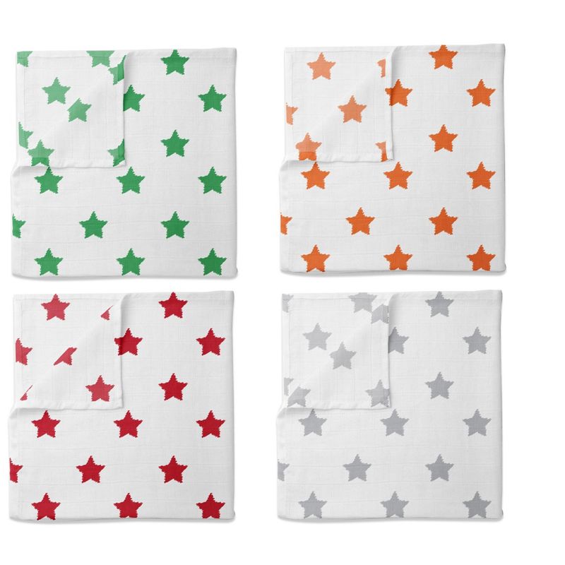 Bacati - Stars Neutral Swaddling Muslin Blankets of 4 (Green,Orange,Red,Gray), 2 of 6