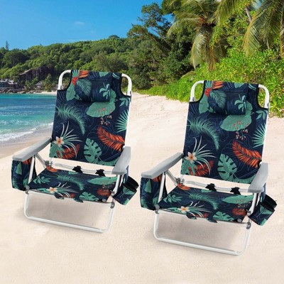 Patiojoy 2-Pack Folding Backpack Beach Chair 5-Position Outdoor Reclining Chairs with Pillow Dark Green