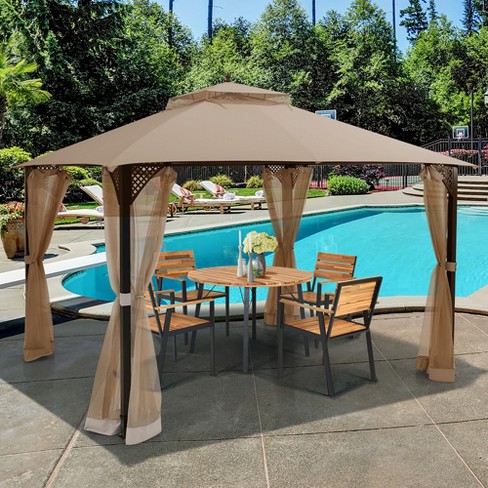 Costway 12 X 10 Outdoor Patio Gazebo Canopy Shelter Double Top Sidewalls Netting Brown Target