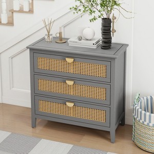 Okak Rustic 3-Drawer Bedroom Dressers with Natural Rattan,Chest of Drawers for Bedroom,Entryway Study,Wooden Dresser Chest, Gray - 1 of 4