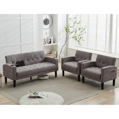 TYBOATLE 3-Piece Sofa Couch, Modern Linen Upholstered Sofa, 1 Loveseat & 1 Accent Chair Sofa with Deep Seats for Living Room,Light Gray