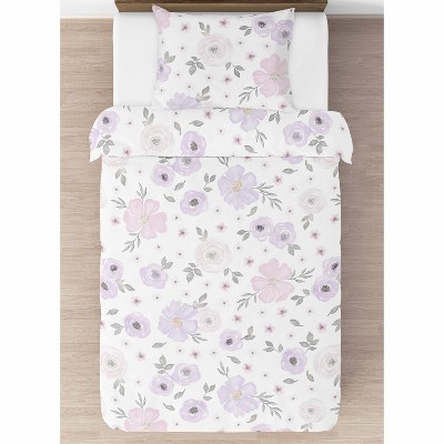 Lavender and Gray Watercolor Floral Twin Comforter Set