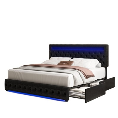 CAVINAS Full/Queen/King Size Modern Platform Bed Frame with LED on Headboard & 4 Storage Drawers,No Box Spring Needed