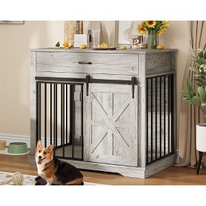 37.8" Wood Dog Crate Furniture, Chew-Resistant Indoor Dog Kennel with Sliding Barn Door, Decorative Dog House Side Table for Small/Medium Dogs - 1 of 4