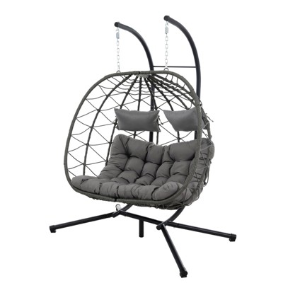 VisioGear 2 Persons Egg Chairs, Patio Egg Chair with Stand, Patio Hanging Egg Chair for Bedroom Living Room Balcony, Dark Gray, 58.2"*37"*74.8"