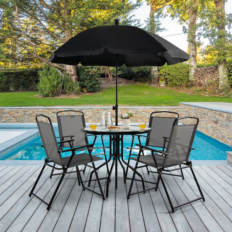 Tangkula 6PCS Patio Garden Dining Set w/ Round Table & 4 Folding Chairs & Tiltable Umbrella, 2 of 9