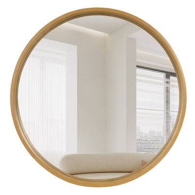 Natural Wood Round Wall Mirror with Silver Accents, 32 Inches