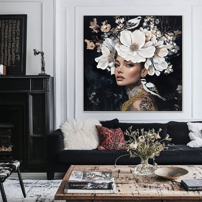 Fisfet Floral Woman Canvas Wall Art Black and White Bird Tattoo Portrait Modern Aesthetic Artwork