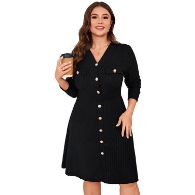knee length plus size sweater dress Women's Ribbed Knit Knee-Length Button Front Black 1X : Target sage wedding guest dress