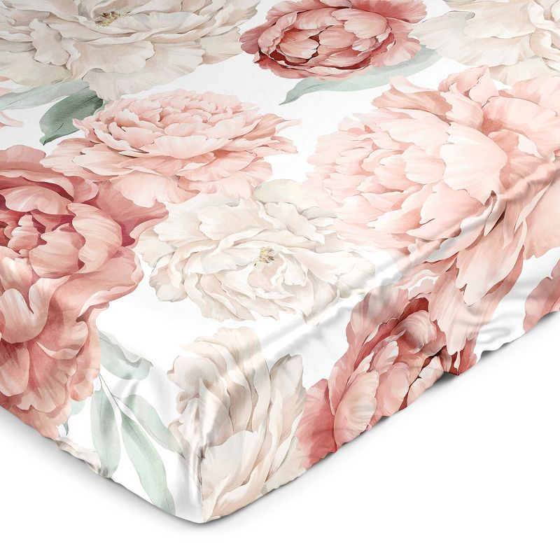 Sweet Jojo Designs Girl Satin Fitted Crib Sheet Peony Floral Garden Blush Pink Off White Ivory Cream, 1 of 7