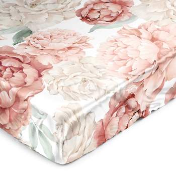 Sweet Jojo Designs Girl Satin Fitted Crib Sheet Peony Floral Garden Blush Pink Off White Ivory Cream