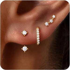 Small Sterling Silver Huggie Hoop Earrings Set for Women, 14K Gold Plated Hoops Stacks for Multiple Piercings - 1 of 4