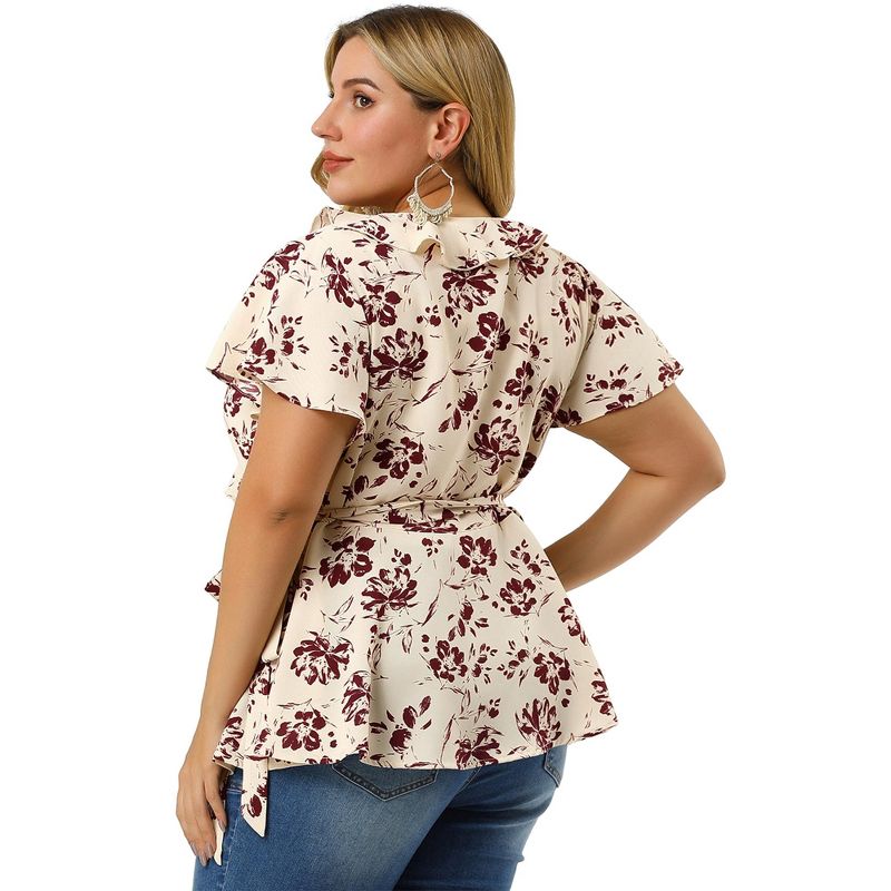 Agnes Orinda Women's Plus Size Relaxed Fit Ruffle Neck Floral Wrap Tie Waist Blouse, 6 of 8
