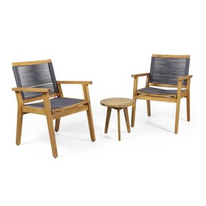Christopher Knight Home Mcgill Outdoor Acacia Wood and Rope 3 Piece Chat Set, Teak/Dark Gray - 1 of 4