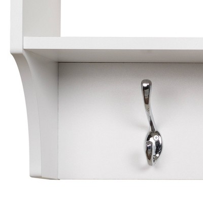 Expansive White Laminated Entryway Hanging Shelf with Hooks