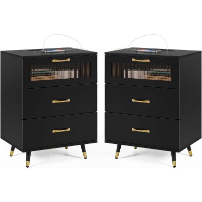 Modern Nightstand set of 2 with Drawer, Mid Century Side Table Bedroom, Wood Dresser for Bedroom Cabinet, Black
