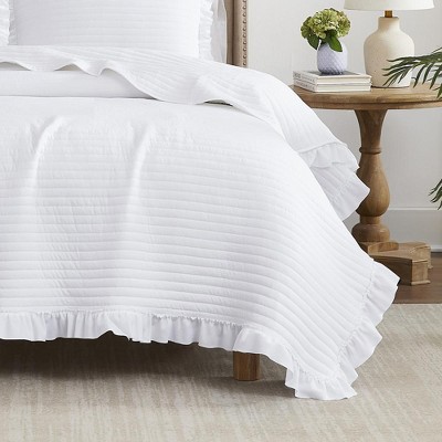 Carla White King Size Polyester Quilt Set with Fringe