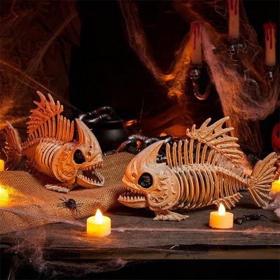Joyfy 2 PCS 9.5 Halloween Poseable Fish Skeleton with Posable Joints for Yard Patio Lawn Garden Decorations, Halloween Party Favors Props
