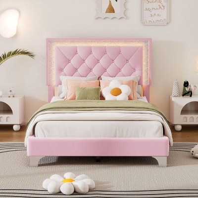 Streamdale Pink Velvet Twin Upholstered Bed with LED Lights and Tufted Headboard